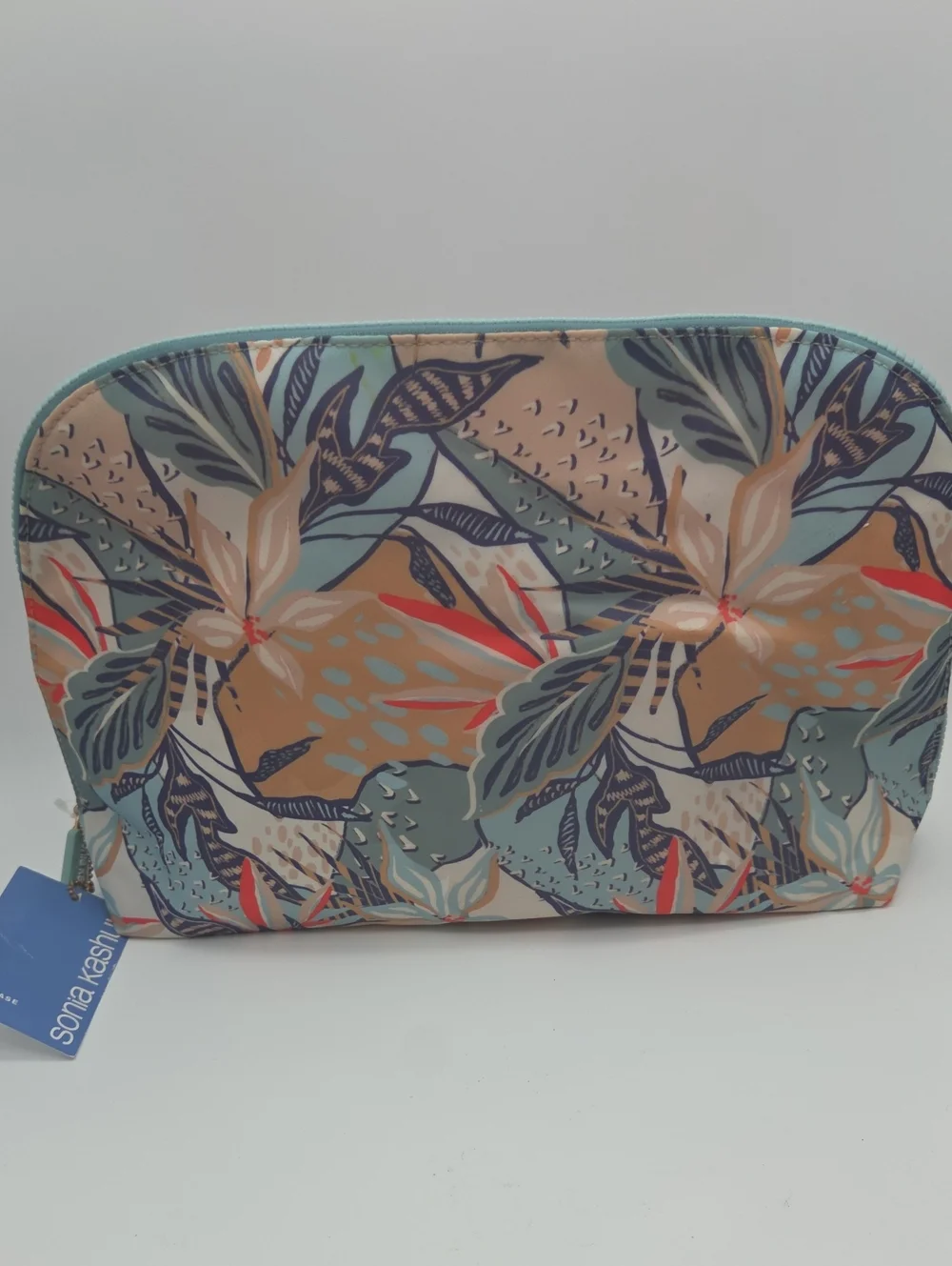 Sonia Kashuk Floral Leaves Cosmetic Pouch in Teal, Beige and Coral